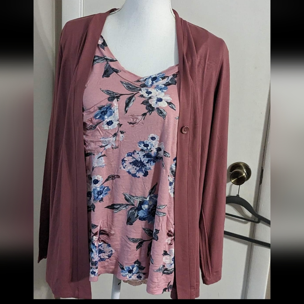 LOGO by Lori Goldstein pink lace back one button cardigan S